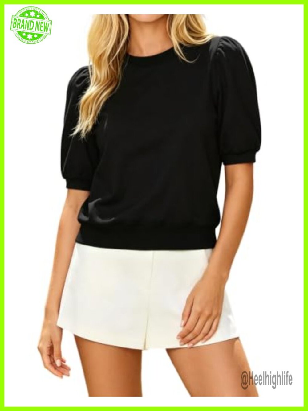 Women's Puff Sleeve Top Cotton Spandex Crewneck Tee